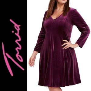 NWT "Torrid" long sleeve stretch velvet fluted dress in a burgundy purple- 3X